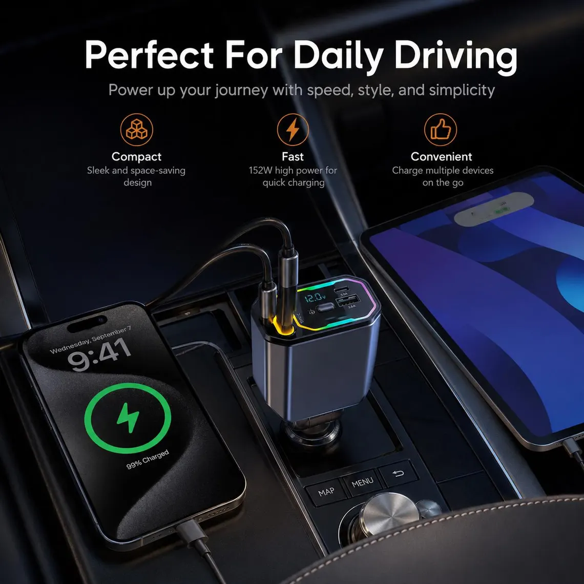 152W Multi-Device Car Charger with Voltage Display