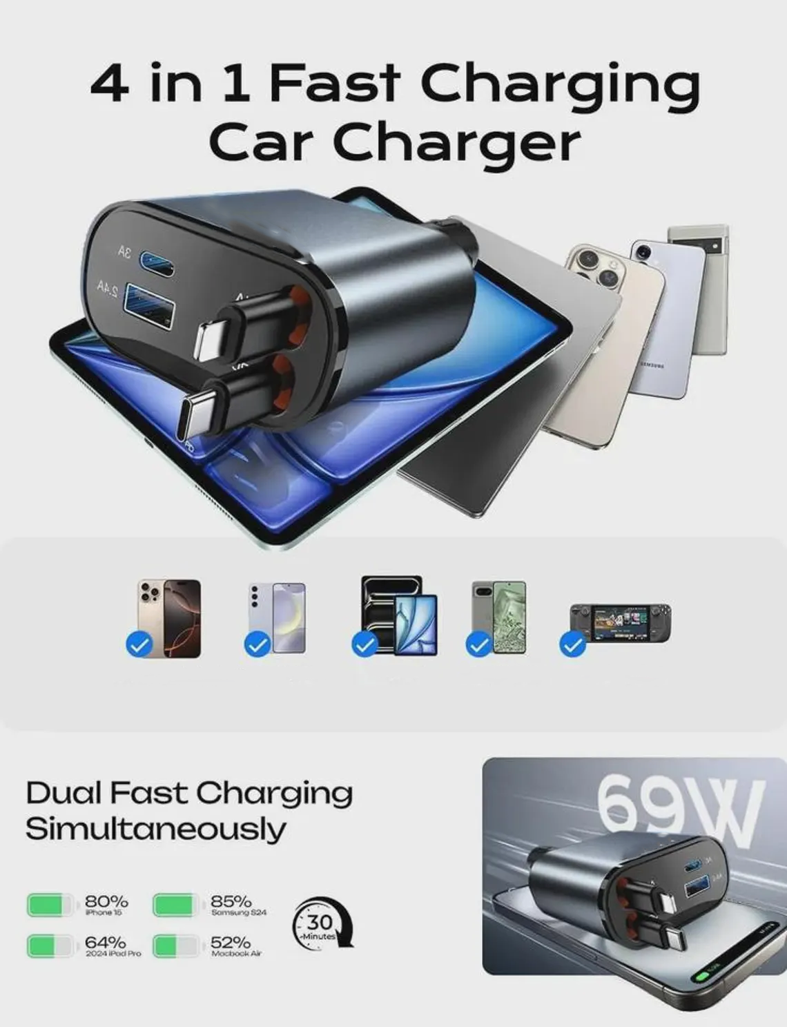 4 Port Retractable Cable Car Power Charger