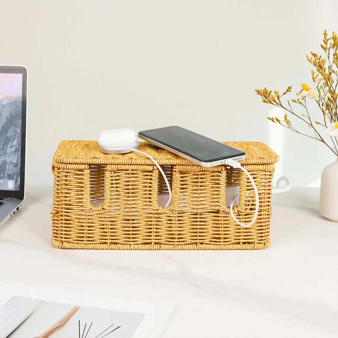 Wicker Cable Management Storage Box with Flip Lid