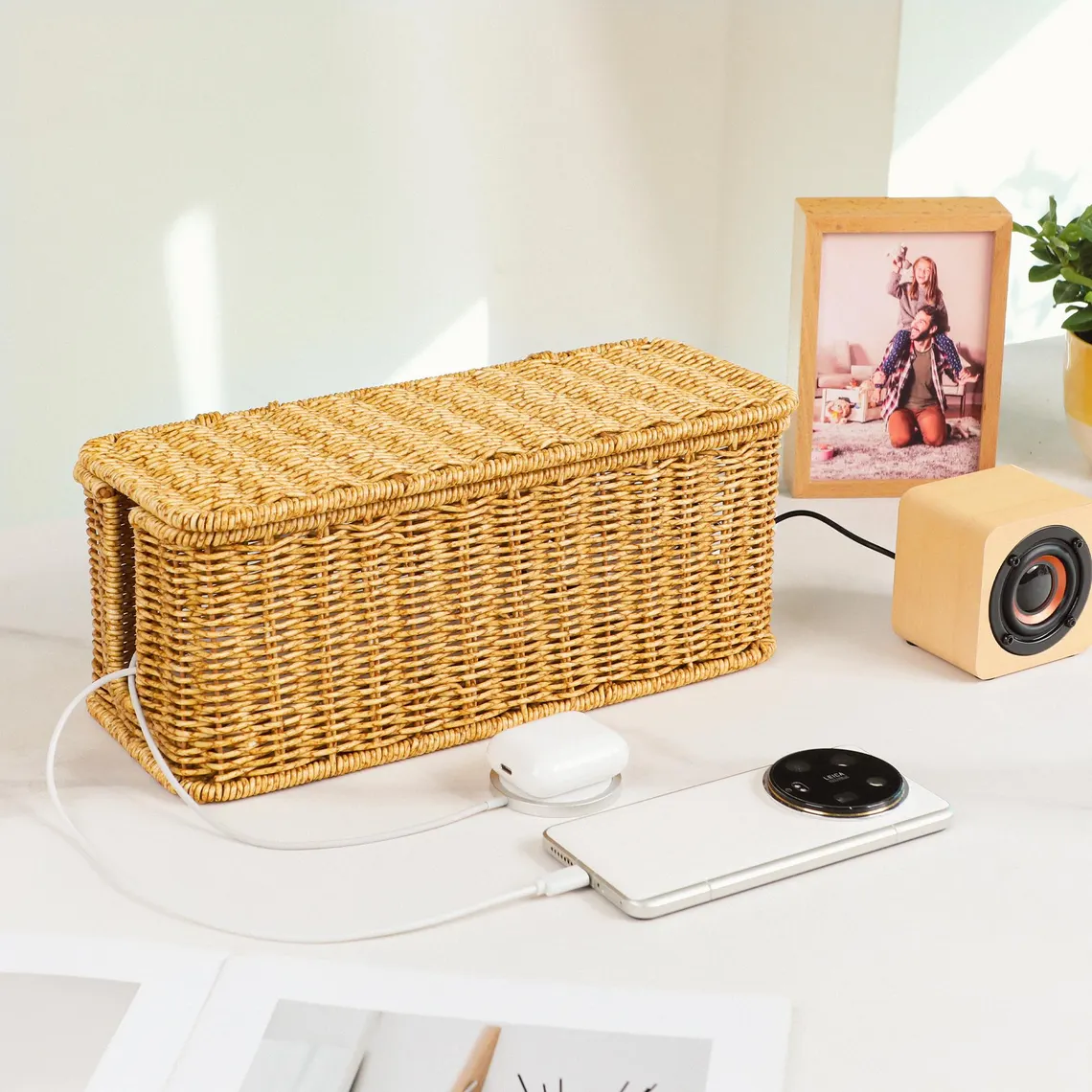 Wicker Cable Management Storage Box with Flip Lid