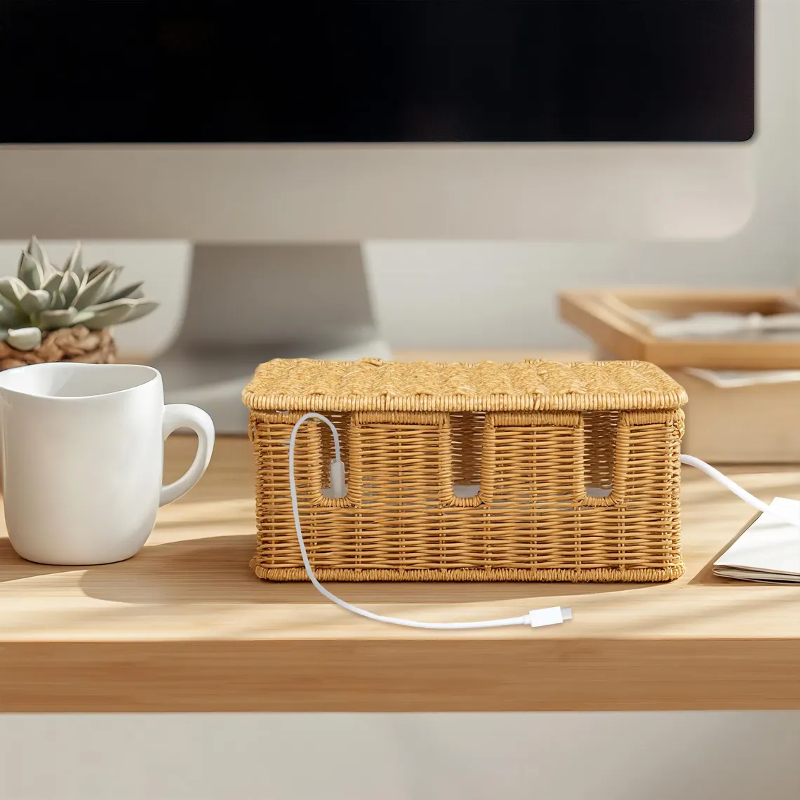 Wicker Cable Management Storage Box with Flip Lid
