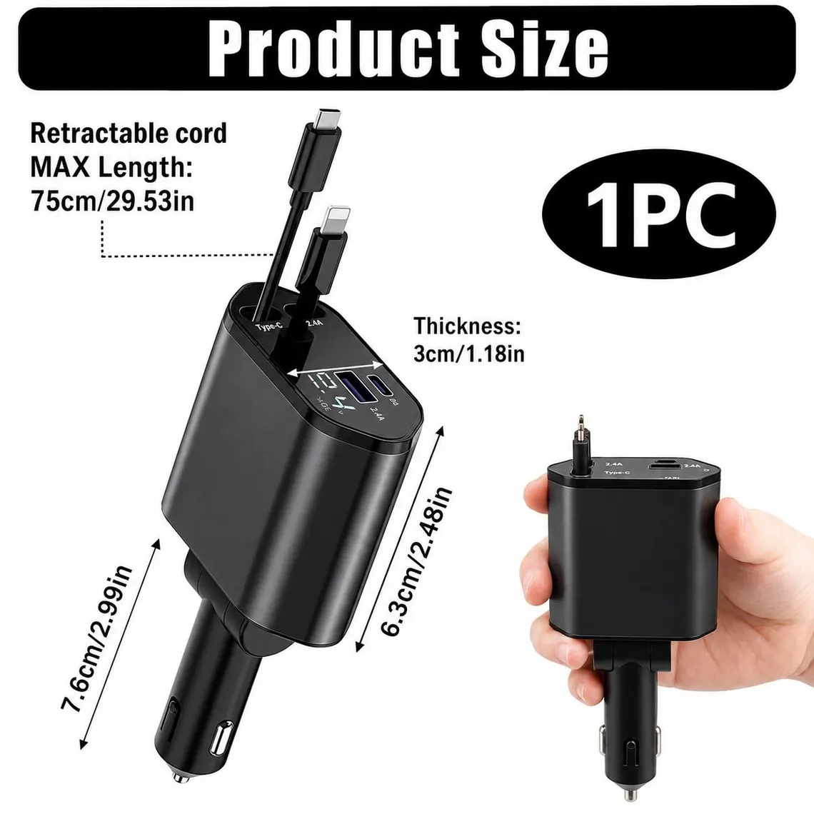 Retractable Cable Multi Port Car Charger