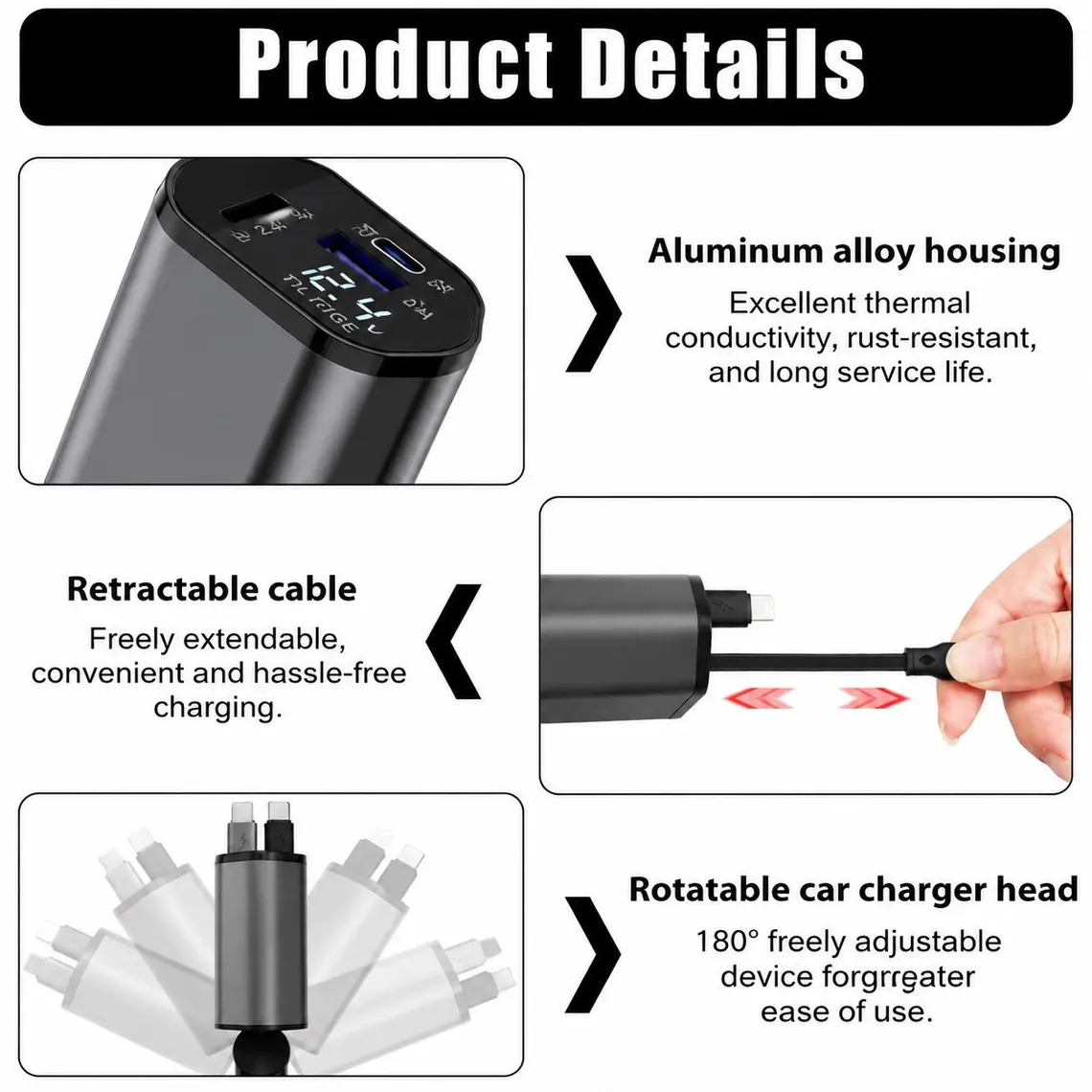 Retractable Cable Multi Port Car Charger