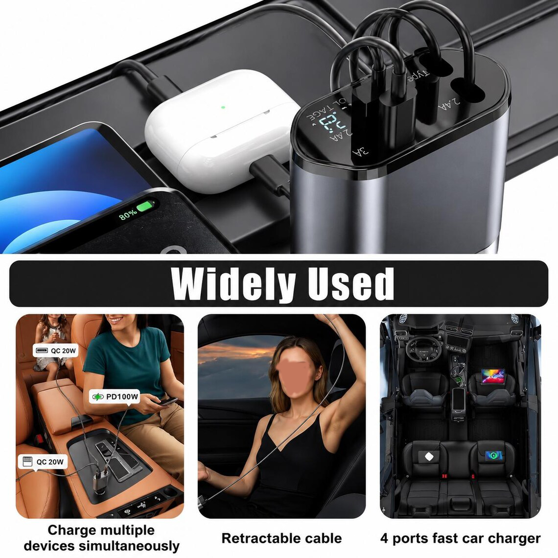 Retractable Cable Multi Port Car Charger